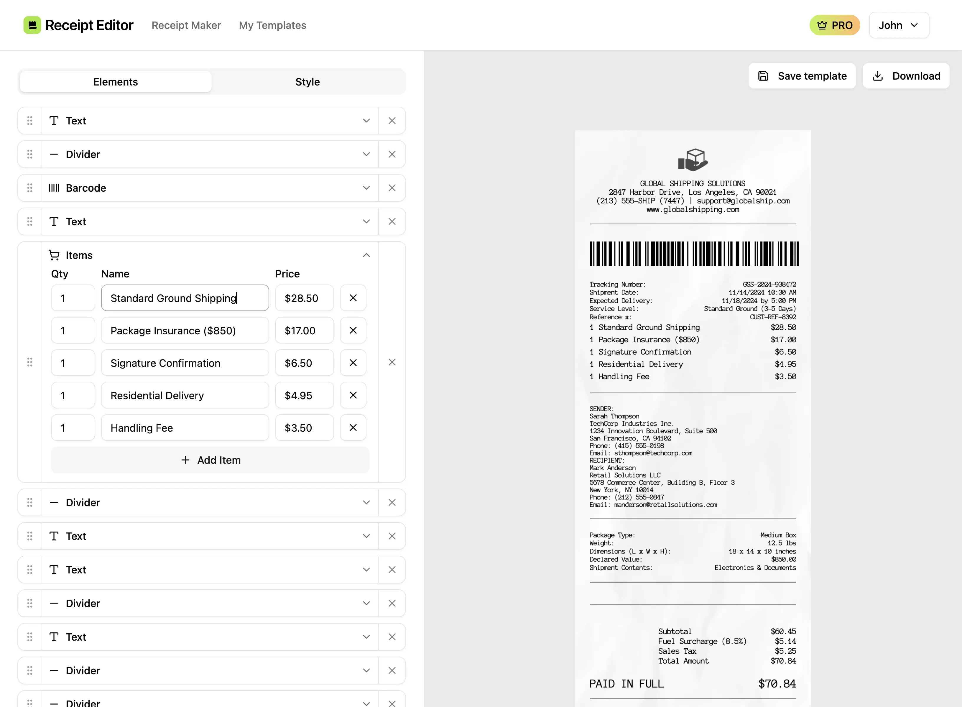 Free online receipt maker interface showing customizable receipt templates