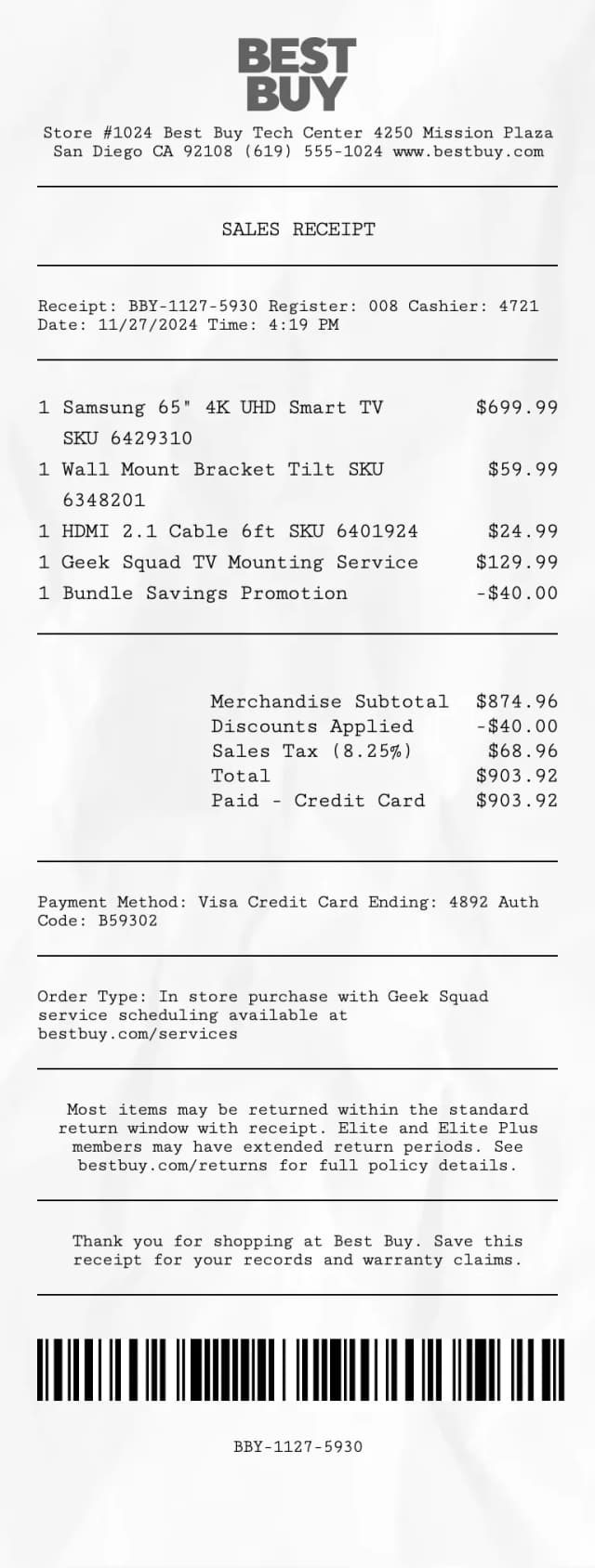 Best Buy receipt template preview