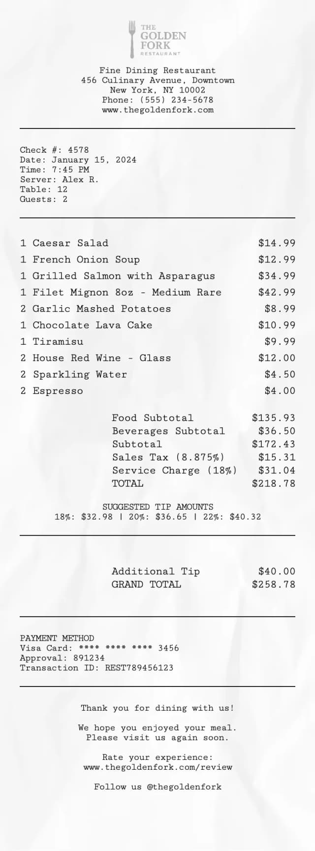 Food receipt template preview