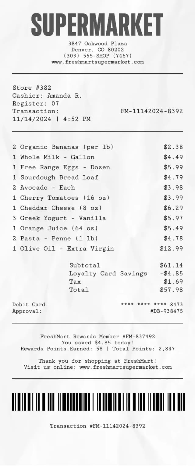 Supermarket receipt template preview