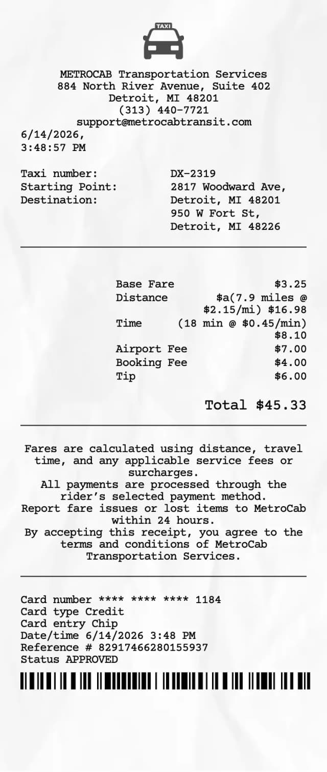 Free customizable taxi receipt template with editable fields